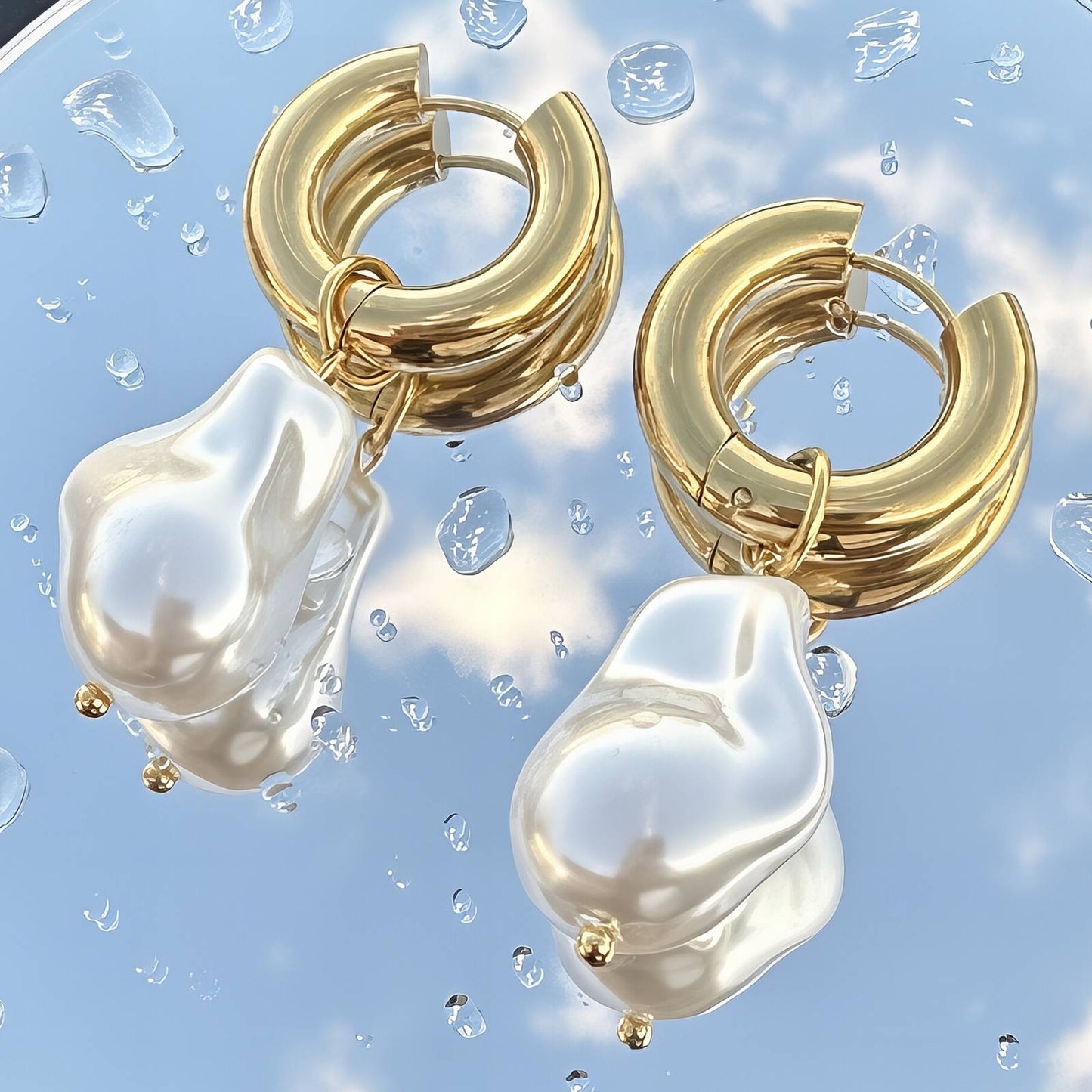 Baroque Pearl Drop Earrings, Chunky Hoops, White Freshwater Pearl