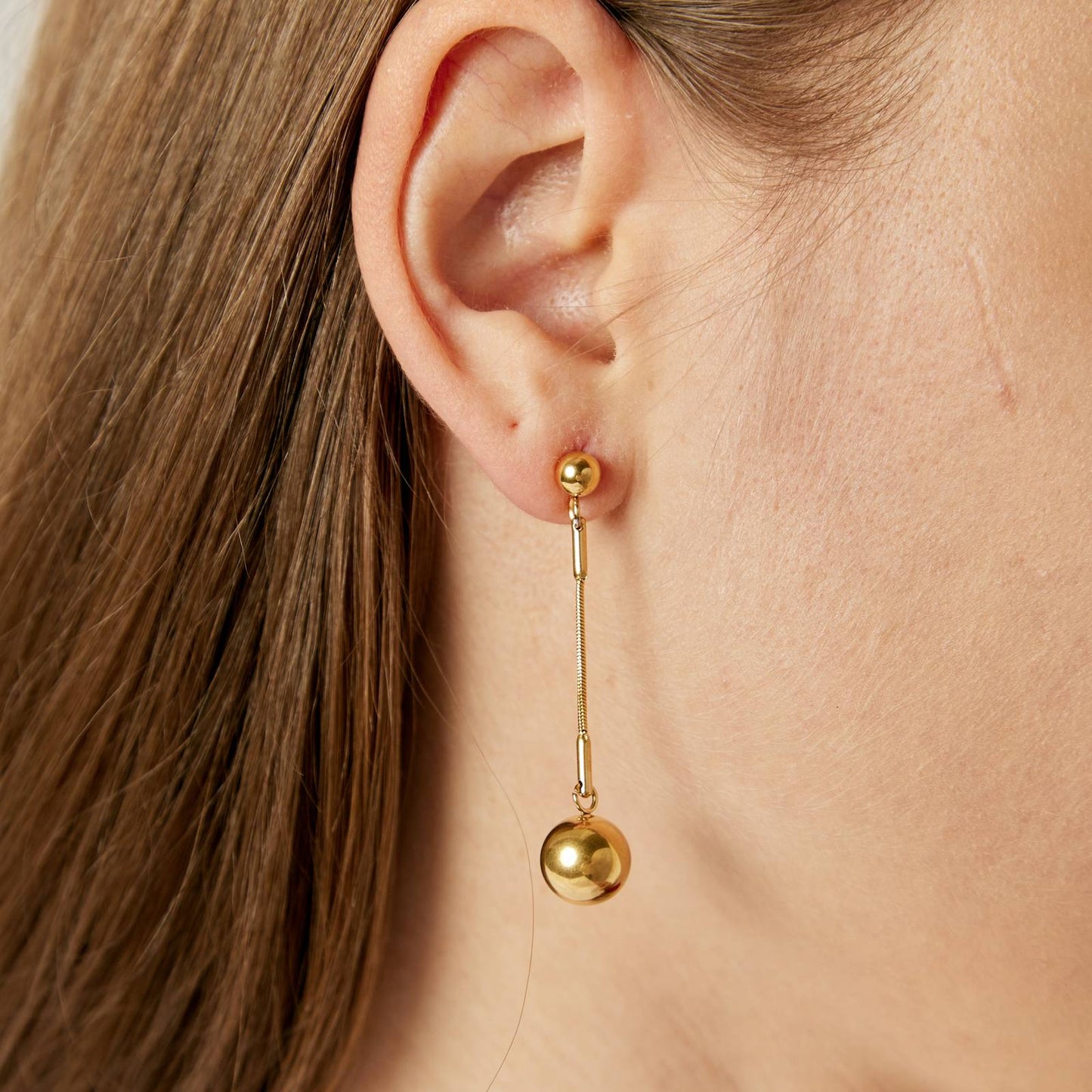 Gold-Plated Drop Ball Earrings, Long Chain Dangle Design, Spherical Pendant