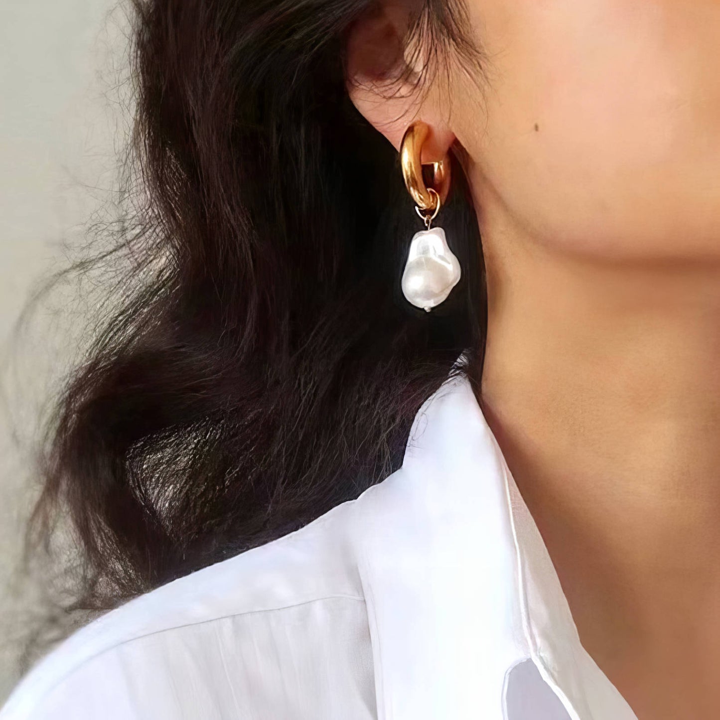 Baroque Pearl Drop Earrings, Chunky Hoops, White Freshwater Pearl
