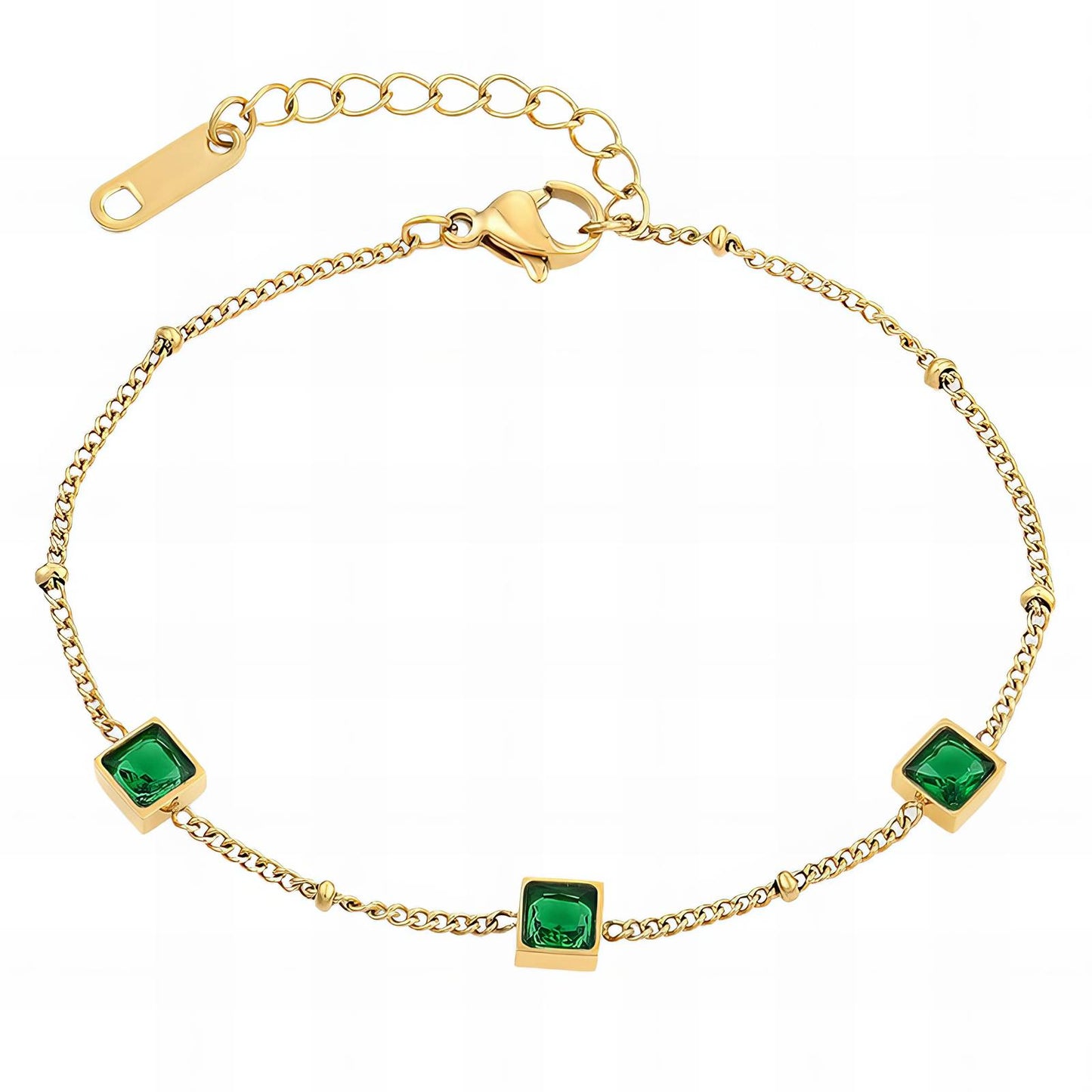 Elegant Bracelet with 3 Square Green Crystal Accents