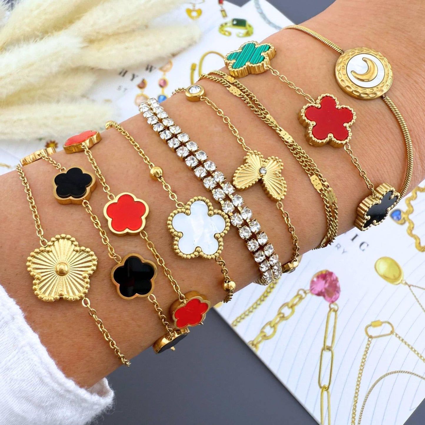 Flower Meadow Bracelet, 18K Gold Plated Steel with Adjustable Chain
