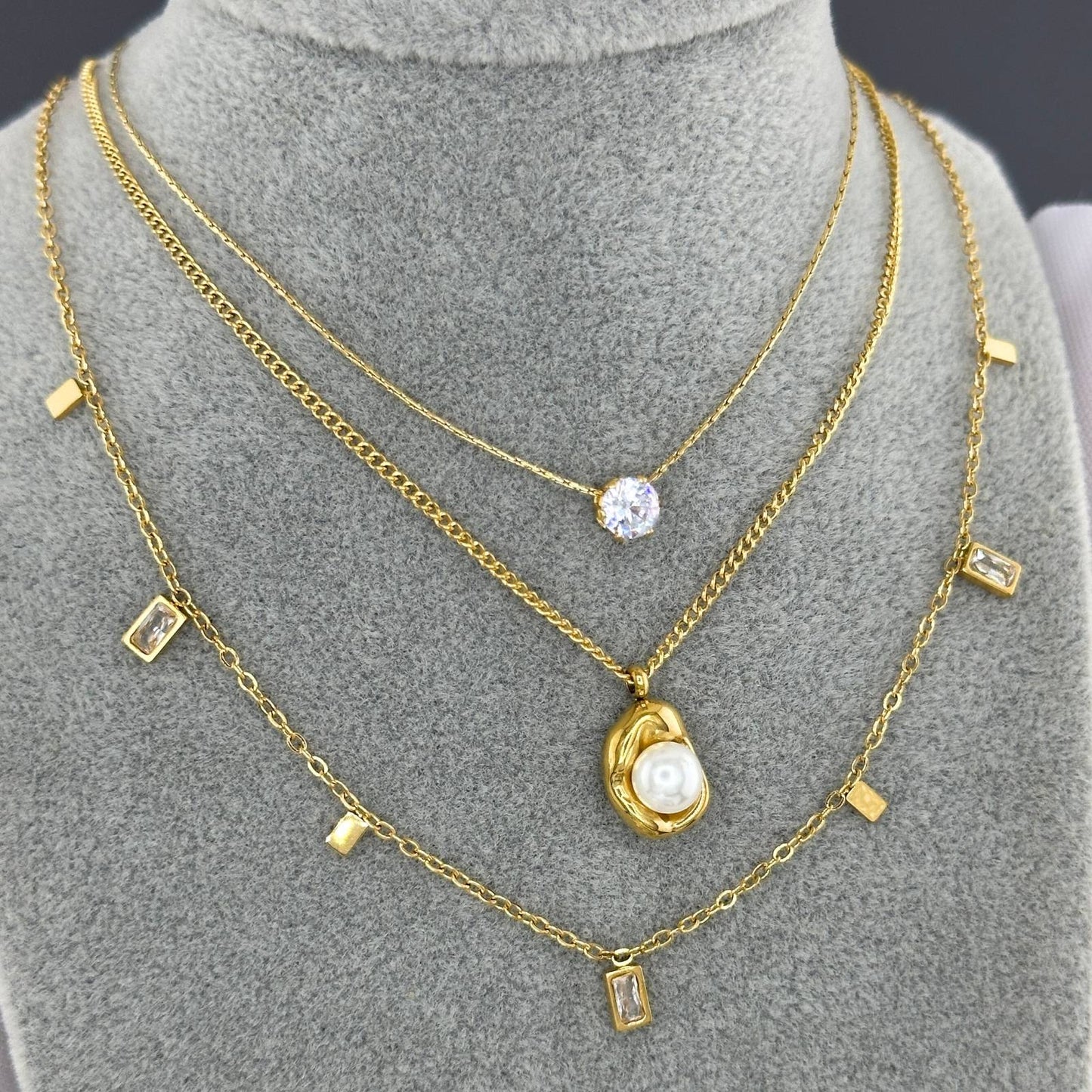 Dainty Gold Layered Necklace Set with Crystal Accents