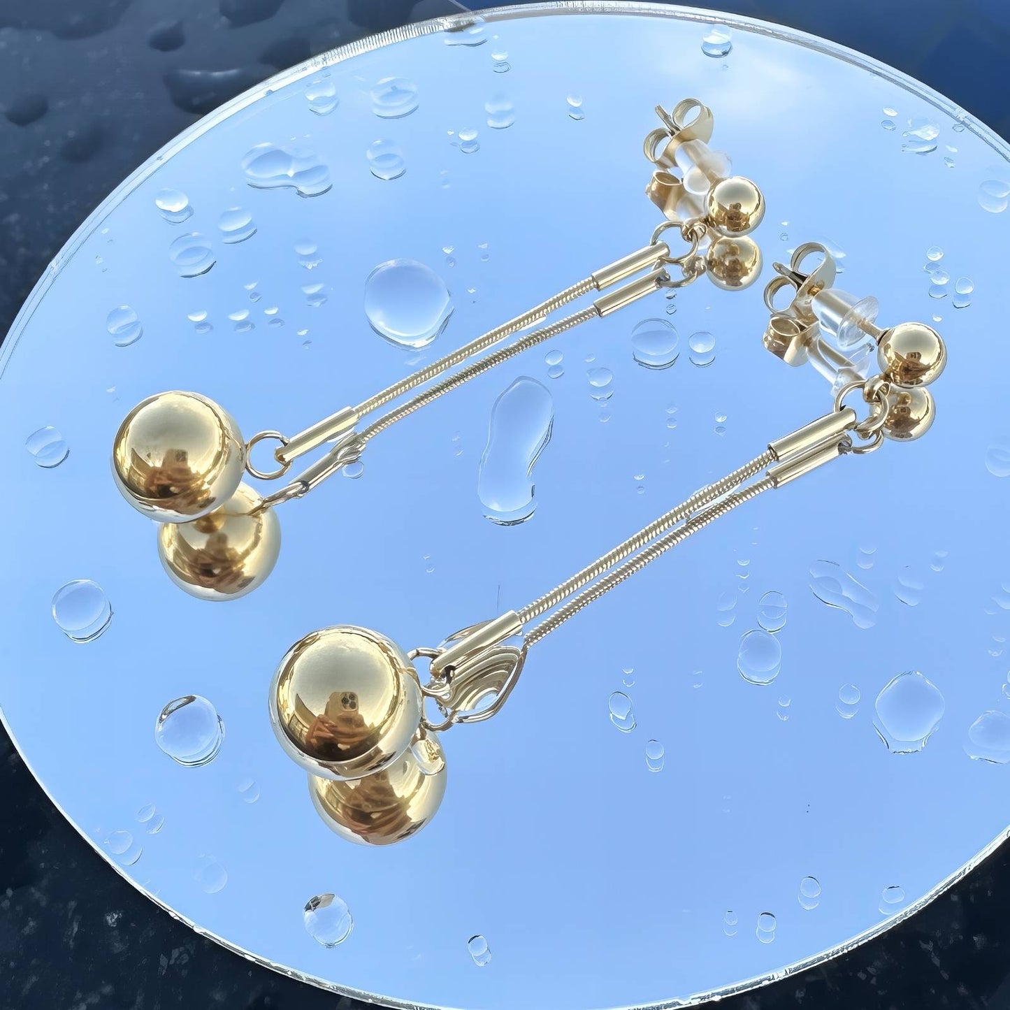 Gold-Plated Drop Ball Earrings, Long Chain Dangle Design, Spherical Pendant