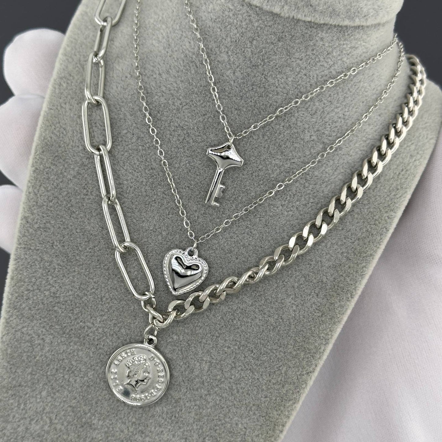 Layered Silver Heart and Key Pendant Necklace Set
