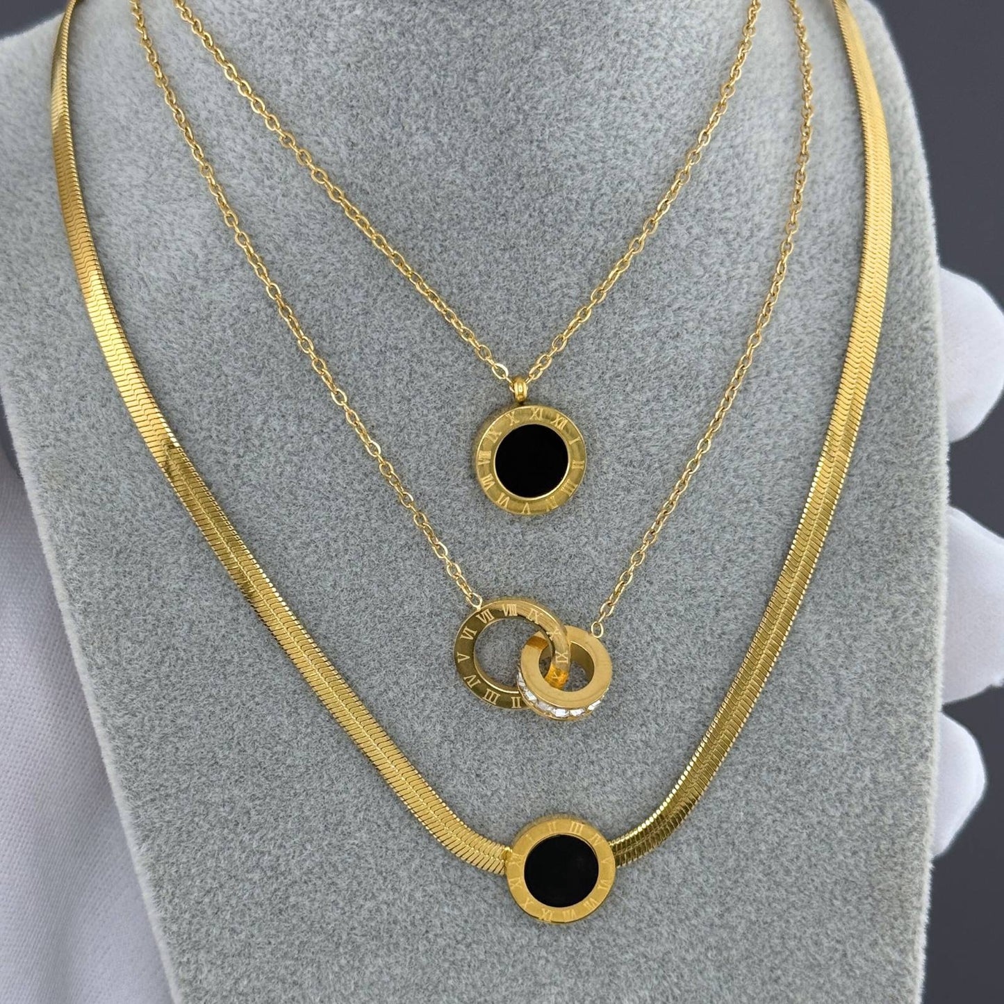 Roman Numeral Necklace with Crystal Inlay, Double Ring Pendant