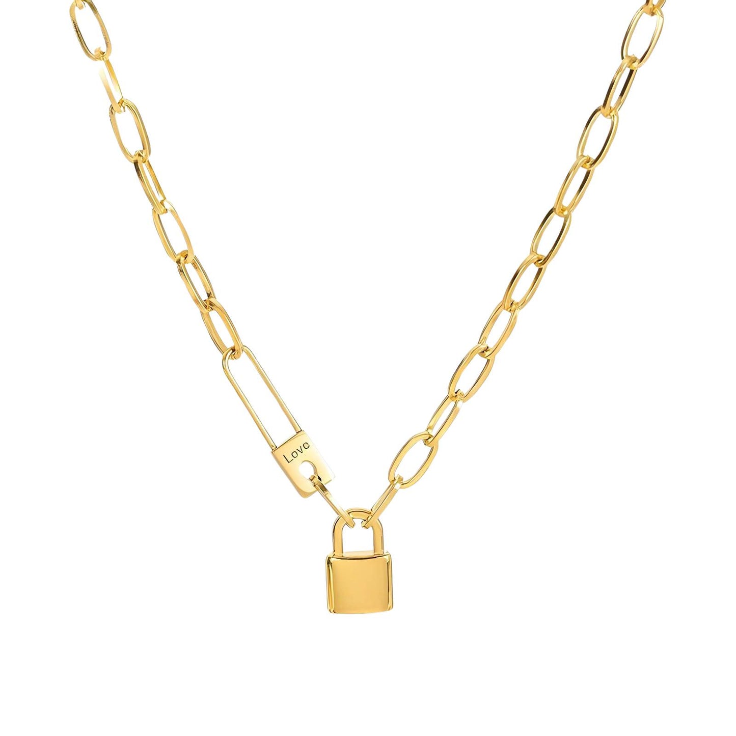 Gold Chain Necklace with Lock Pendant and Love Charm, Paperclip Link Design