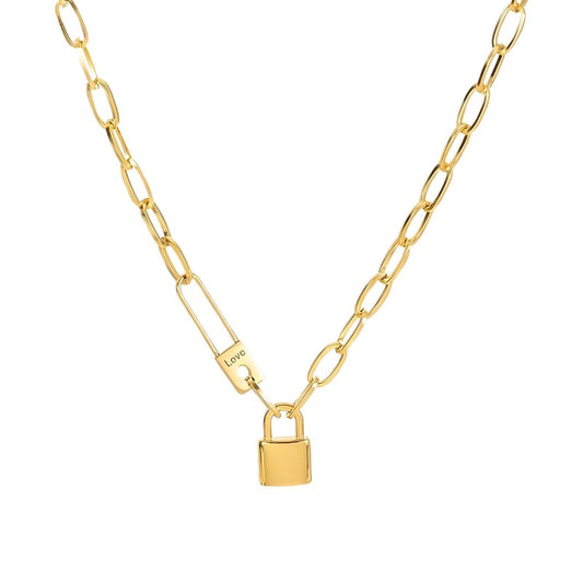 Gold Chain Necklace with Lock Pendant and Love Charm, Paperclip Link Design