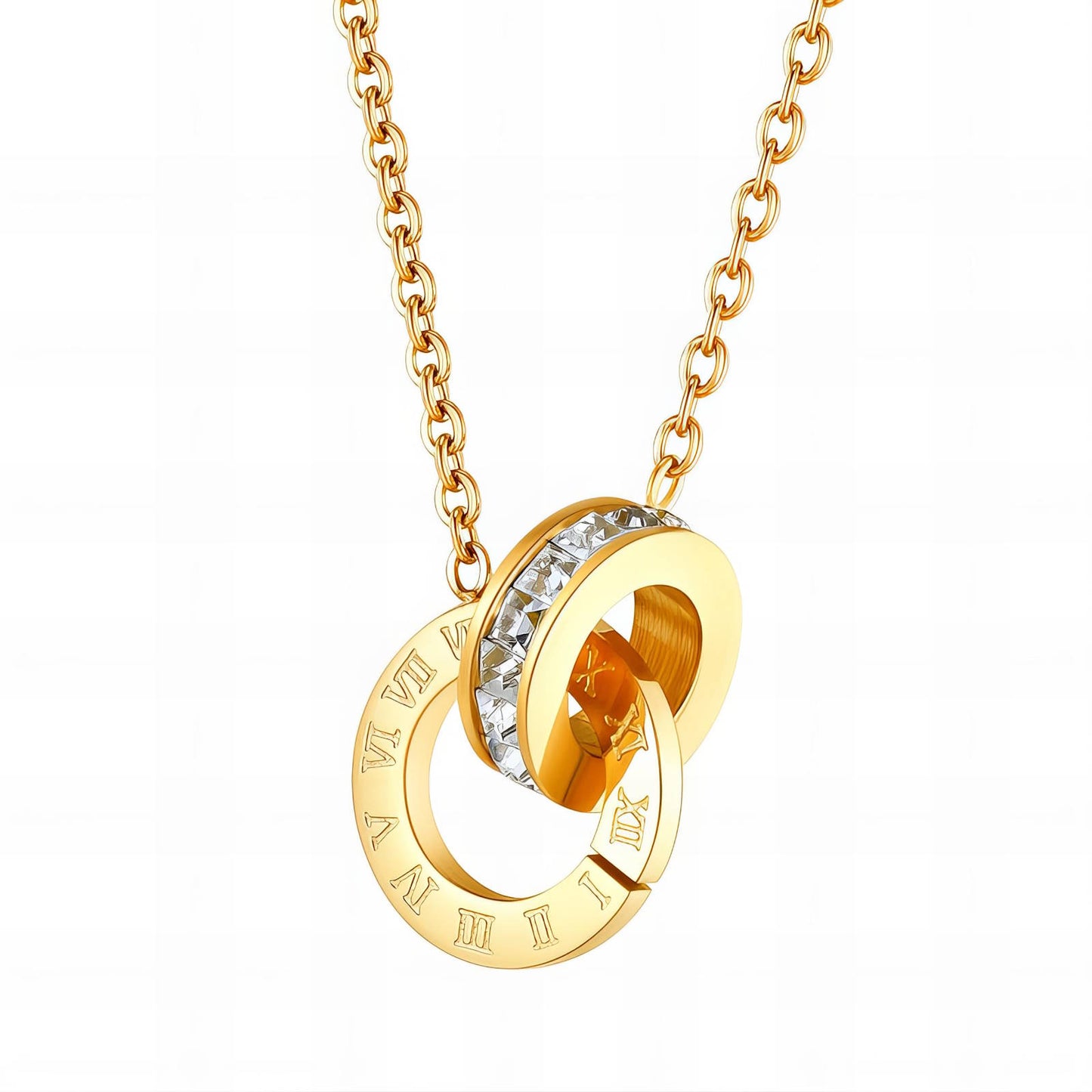 Roman Numeral Necklace with Crystal Inlay, Double Ring Pendant