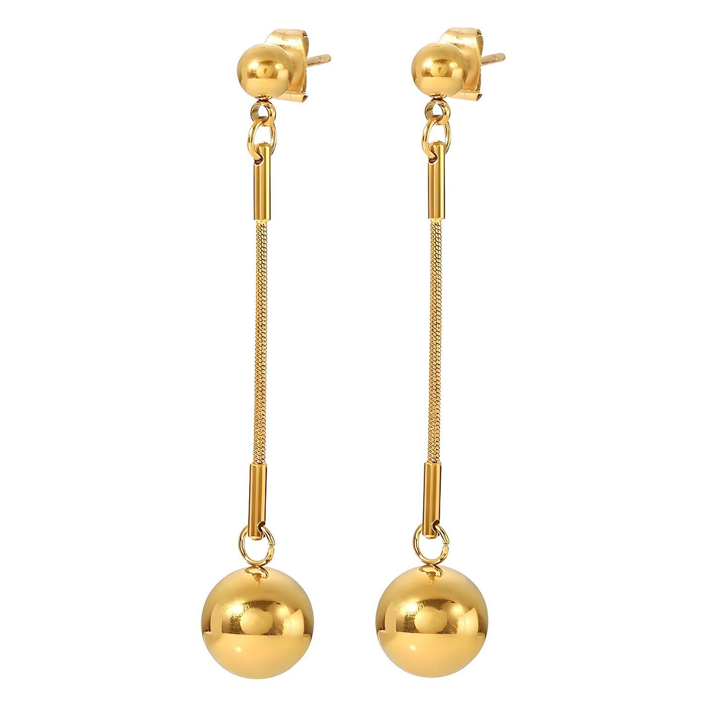 Gold-Plated Drop Ball Earrings, Long Chain Dangle Design, Spherical Pendant