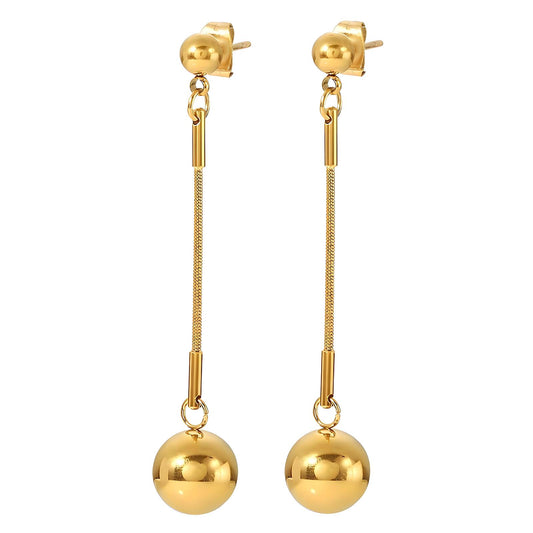 Gold-Plated Drop Ball Earrings, Long Chain Dangle Design, Spherical Pendant