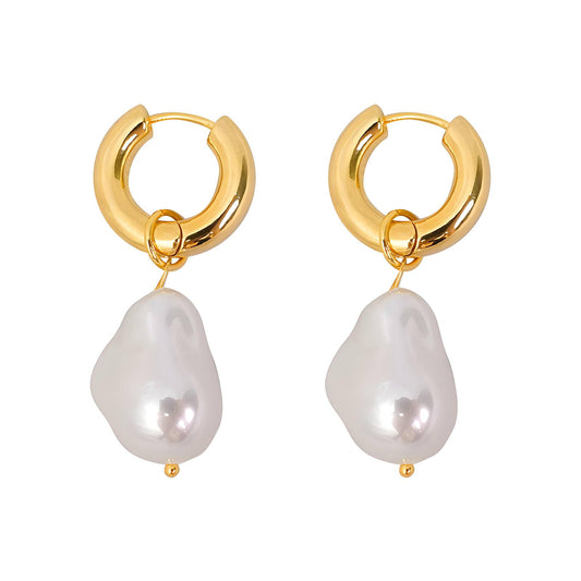 Baroque Pearl Drop Earrings, Chunky Hoops, White Freshwater Pearl
