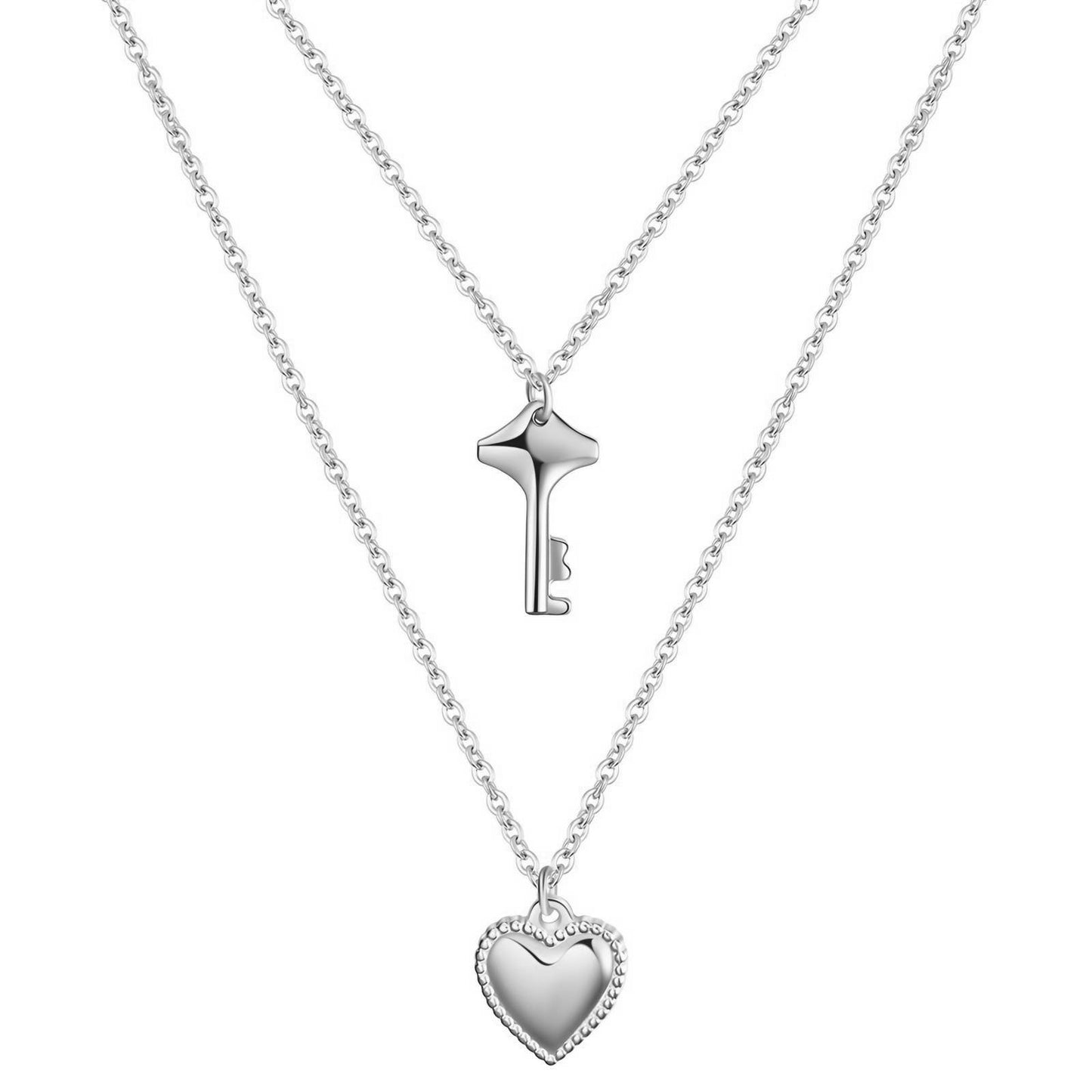 Layered Silver Heart and Key Pendant Necklace Set