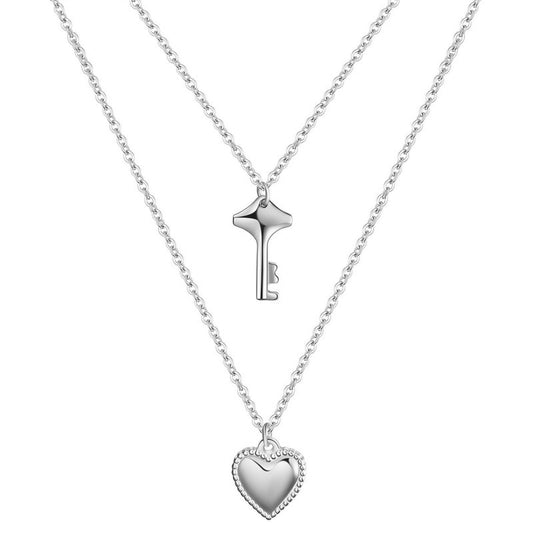Layered Silver Heart and Key Pendant Necklace Set