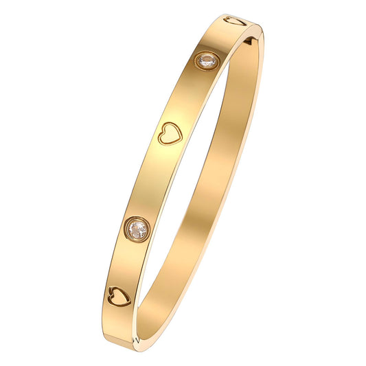 Gold-Plated Heart Design Bangle Bracelet with Crystal Accents