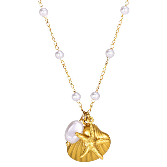 Beach Theme Seashell and Starfish Necklace with Pearl Beads
