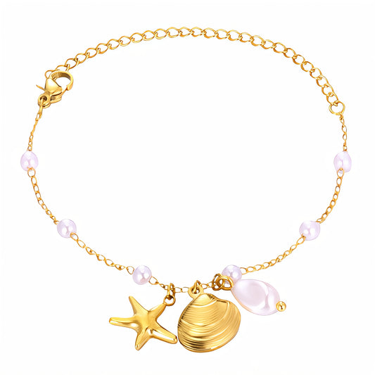 Seashell and Starfish Charm Bracelet with Pearl Beads