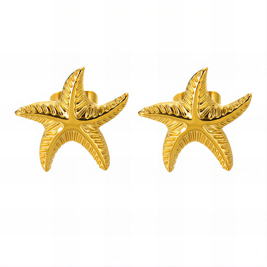 Gold-Plated Starfish Stud Earrings, Textured Design, Beach Theme