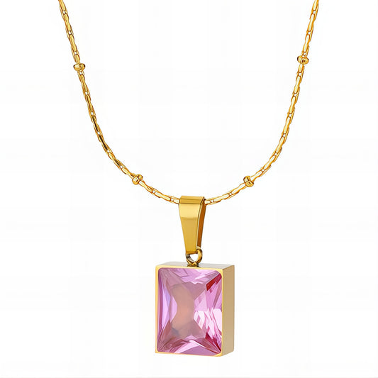 Necklace with Pink Crystal Rectangle Pendant